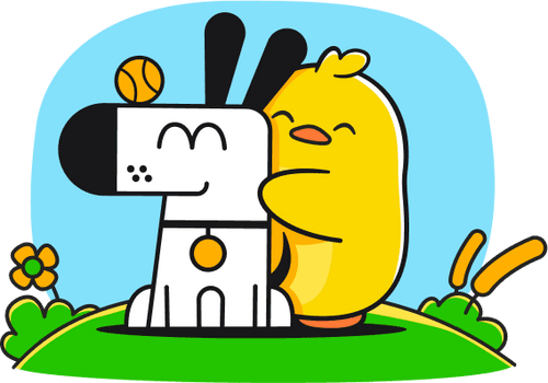 Illustration of
Ente's Ducky and Kagi's Doggo hugging